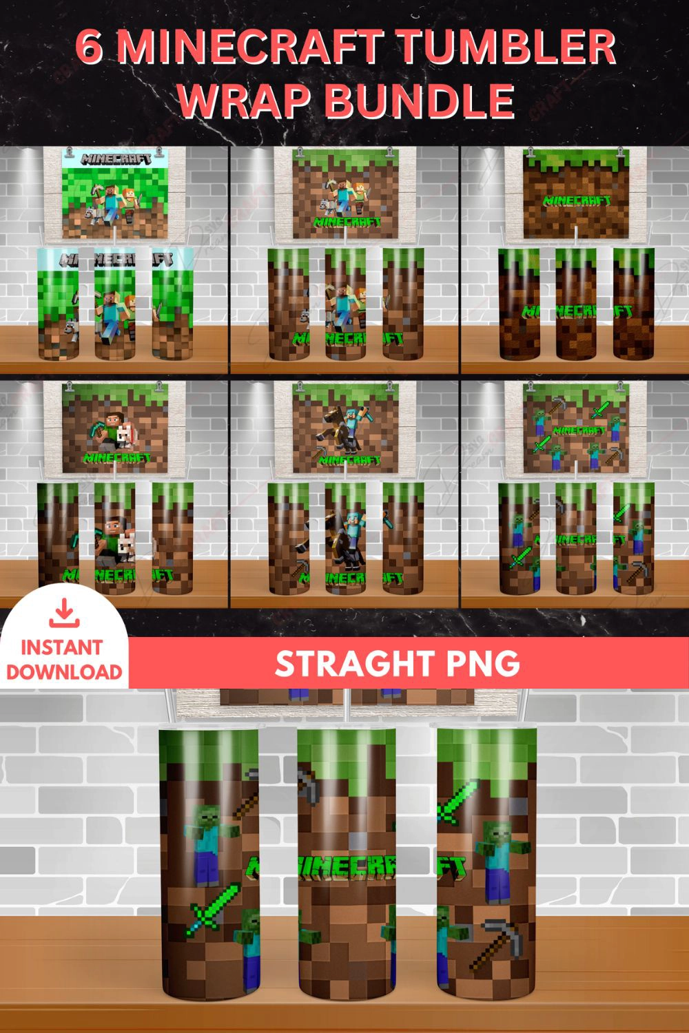 6 Minecraft Tumbler Wrap PNG Bundle