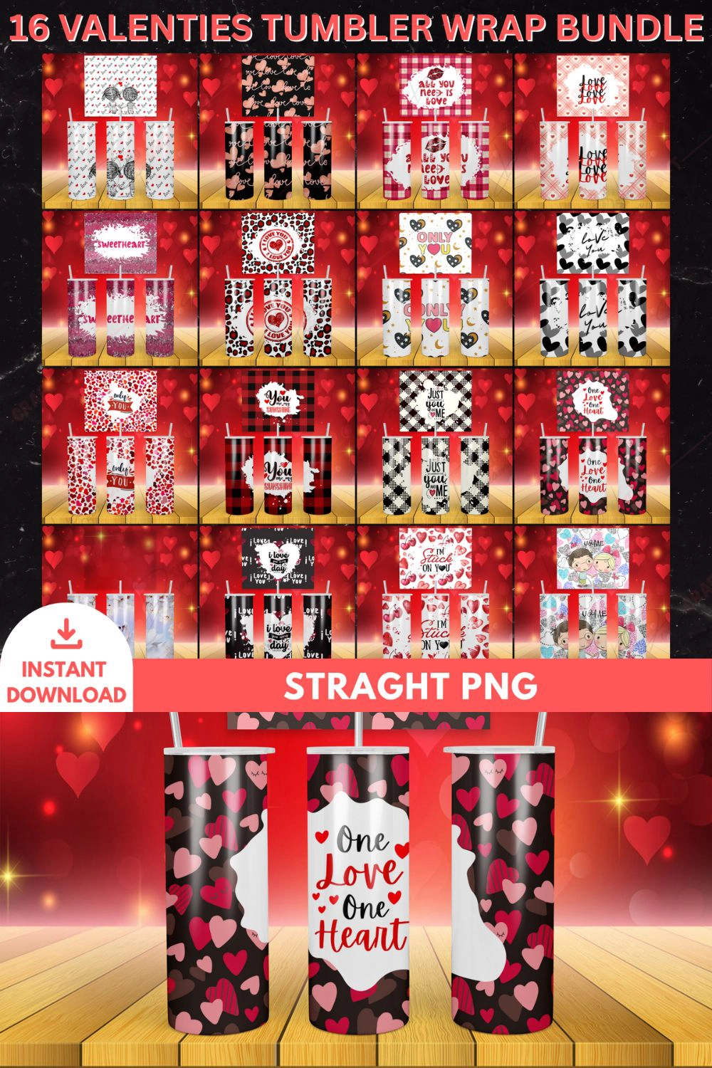 16 Valentines Tumbler Wrap Bundle PNG