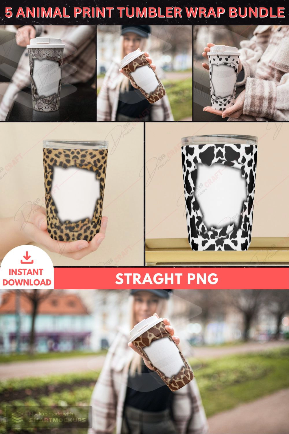 5 Animal Print Holes Tumbler Wrap PNG Bundle