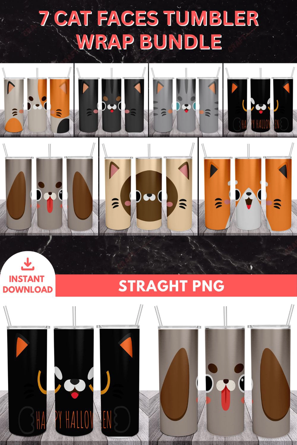 7 Cat Faces Tumbler Wrap Bundle