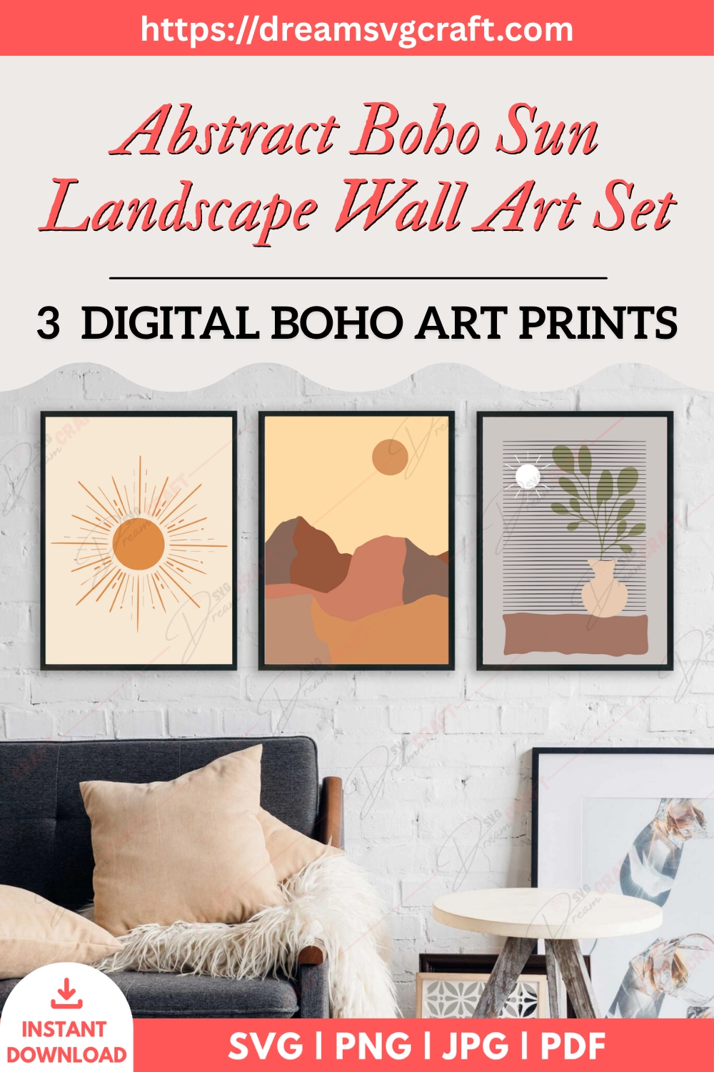 Abstract Boho Sun Landscape Wall Art Set Of 3