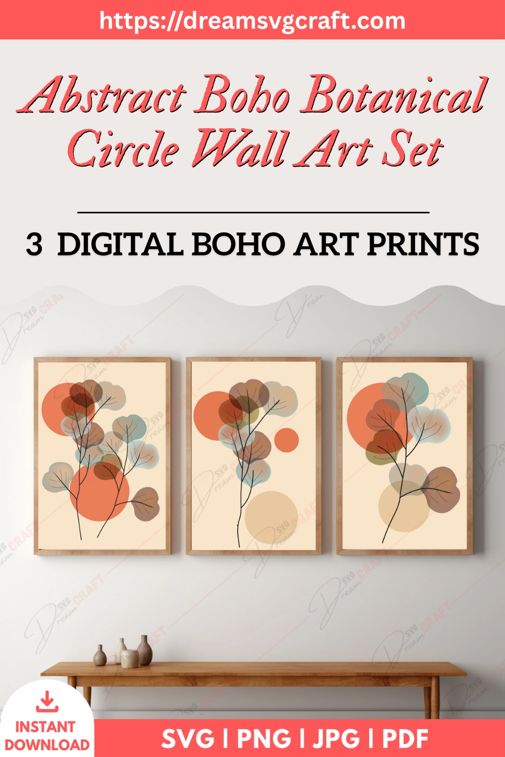 Abstract Boho Botanical Circle Wall Art Set Of 3