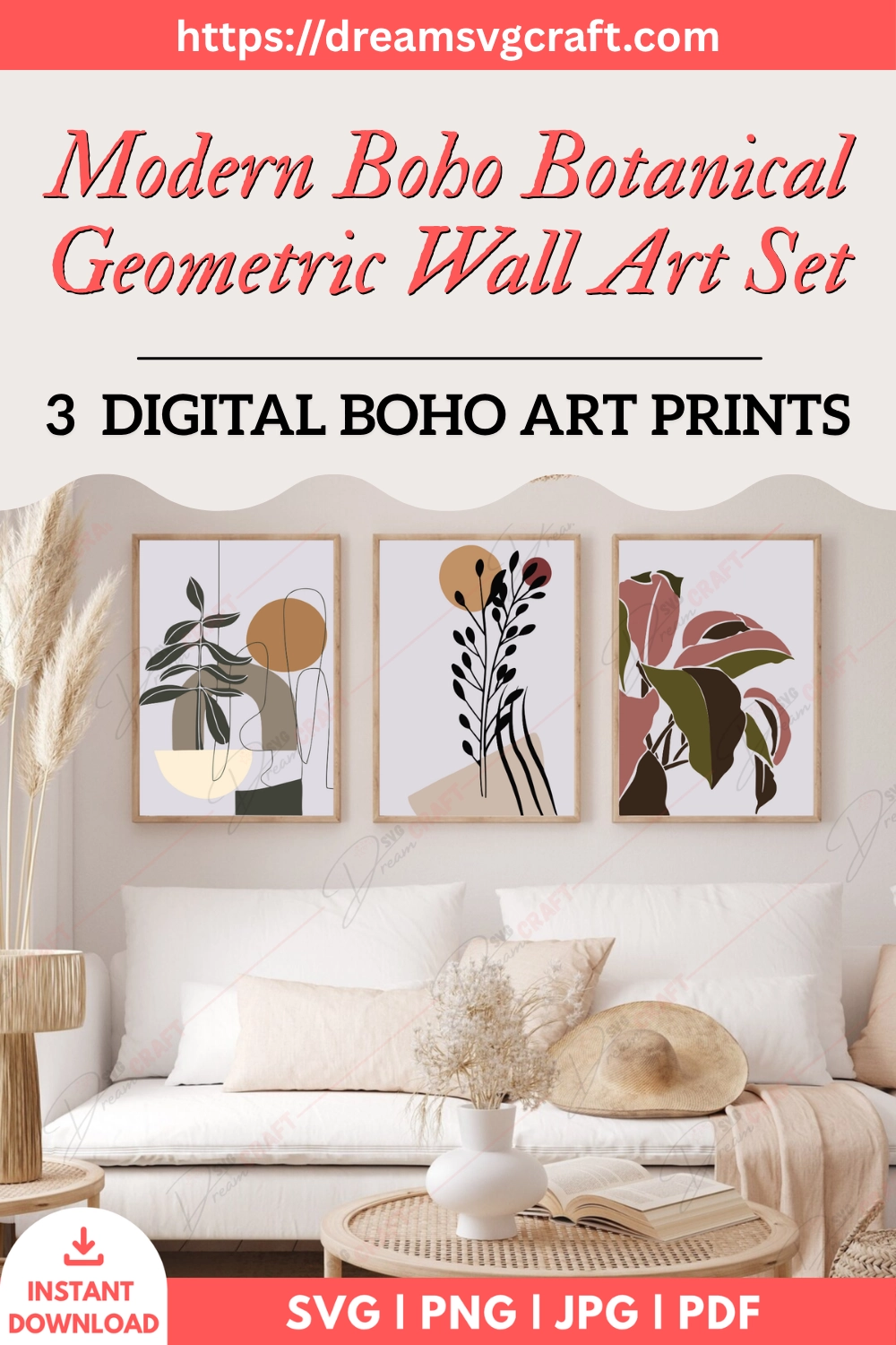 Modern Boho Botanical Geometric Wall Art Set Of 3