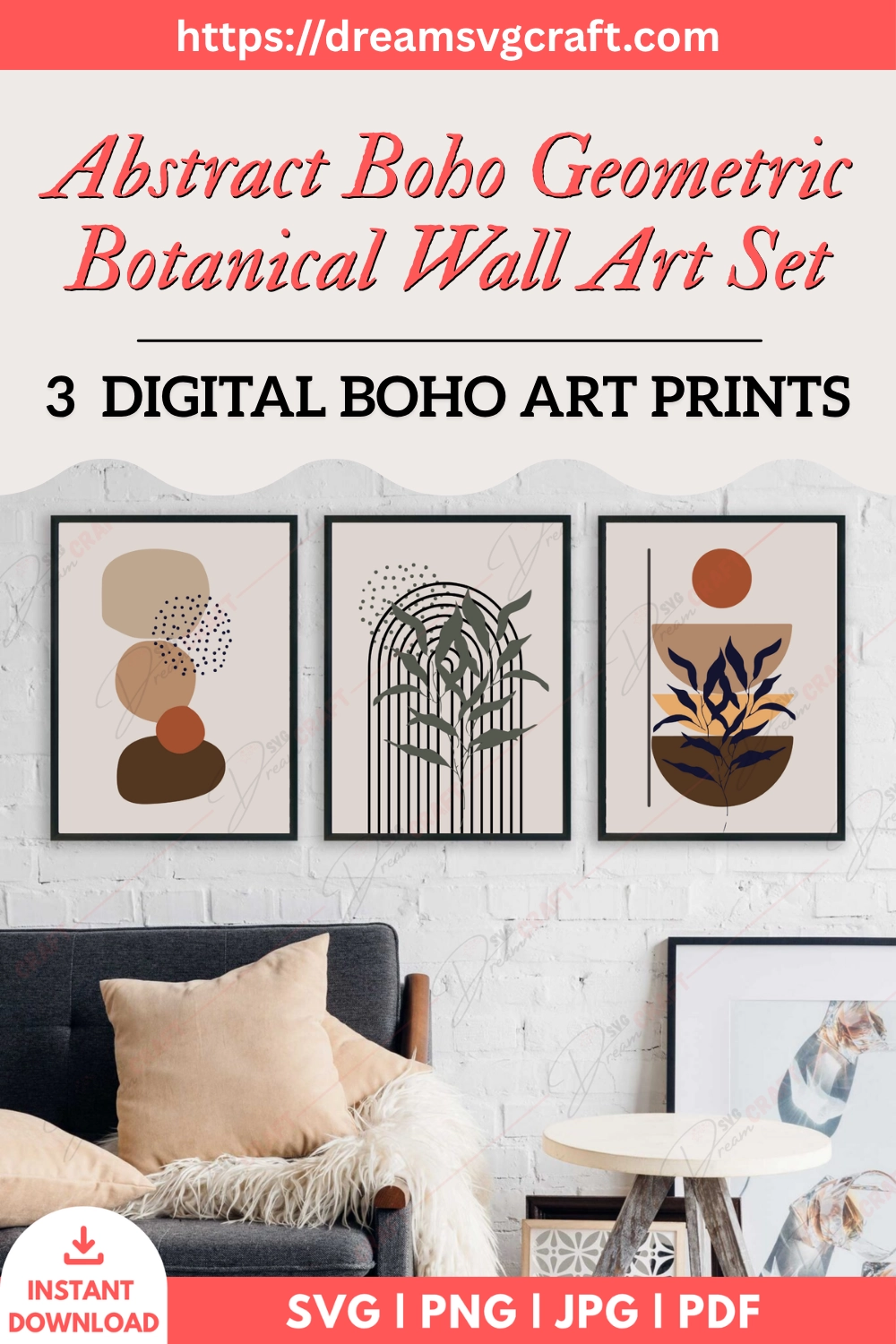 Abstract Boho Geometric Botanical Wall Art Set Of 3