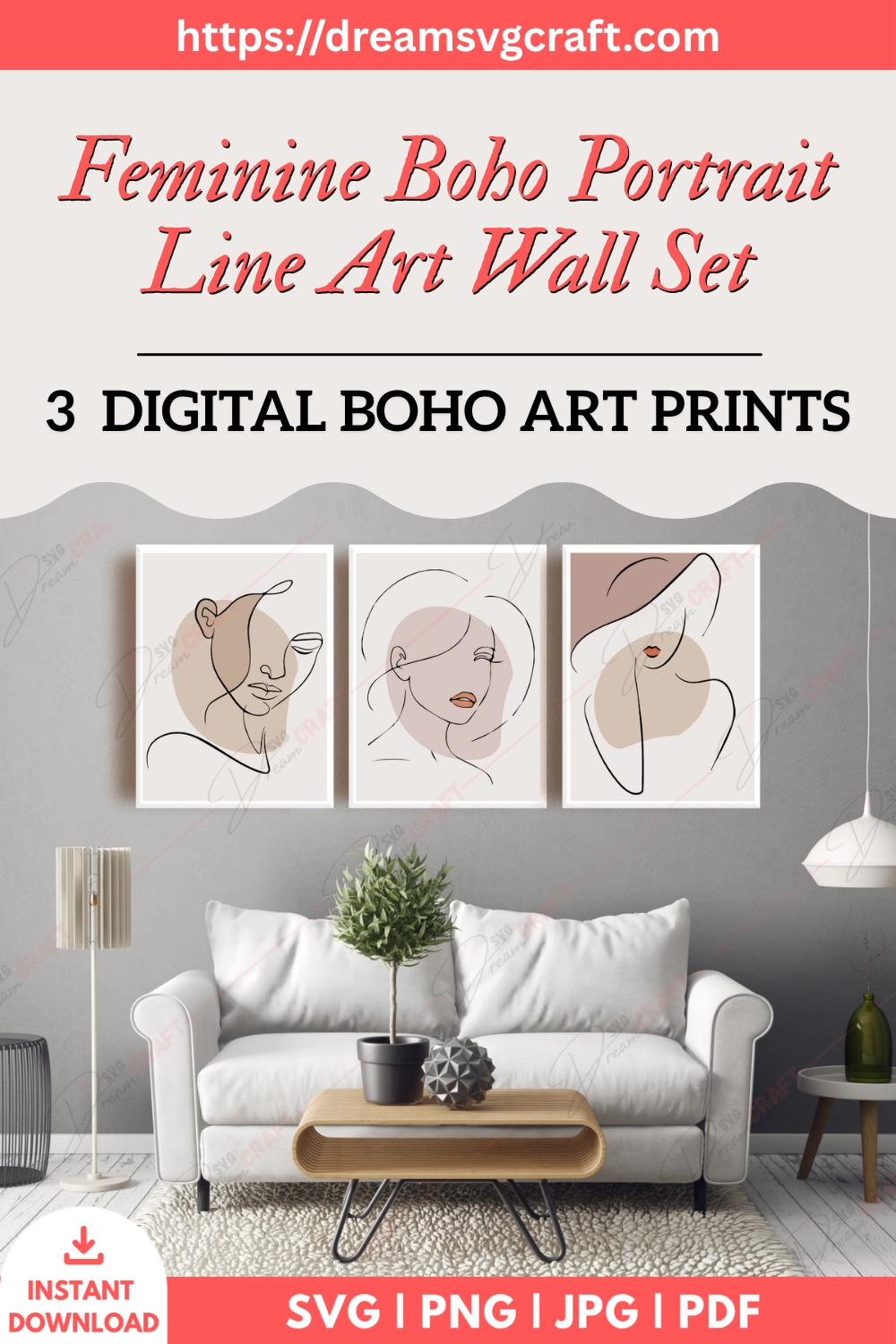 Feminine Boho Portrait Line Art Wall Set Of 3