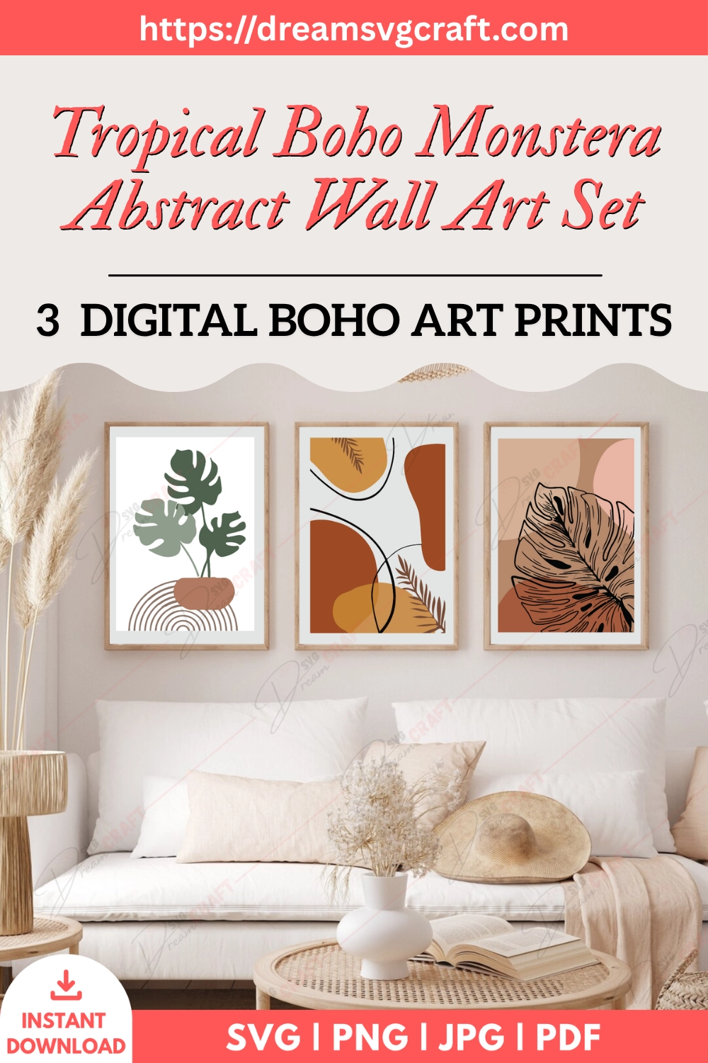 Tropical Boho Monstera Abstract Wall Art Set Of 3