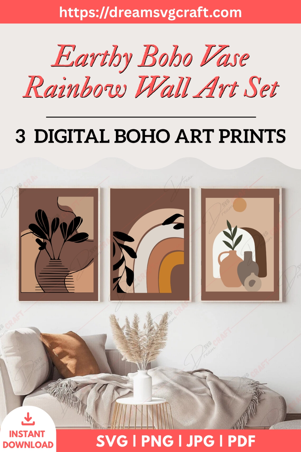Earthy Boho Vase Rainbow Wall Art Set Of 3
