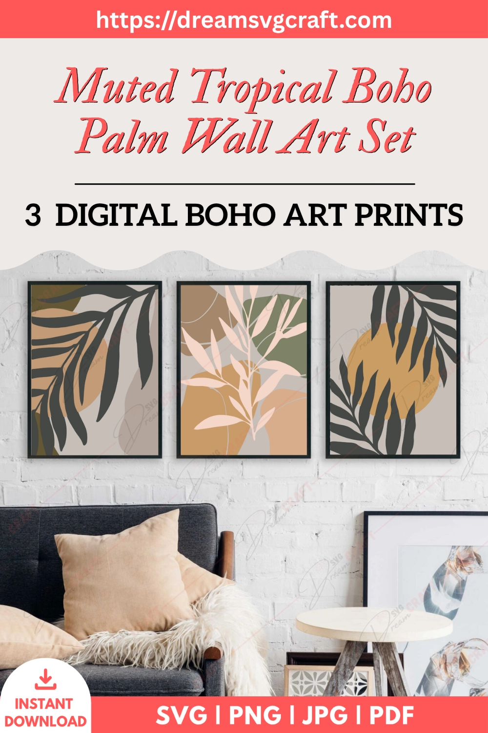 Muted Tropical Boho Palm Wall Art Set Of 3