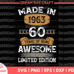 Vintage Made In 1963 60 Years Of Being Awesome Birthday T-Shirt SVG, Men Born In 1963 60th Birthday Party Svg, Gift For Him svg