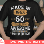Vintage Made In 1963 60 Years Of Being Awesome Birthday T-Shirt SVG, Men Born In 1963 60th Birthday Party Svg, Gift For Him svg