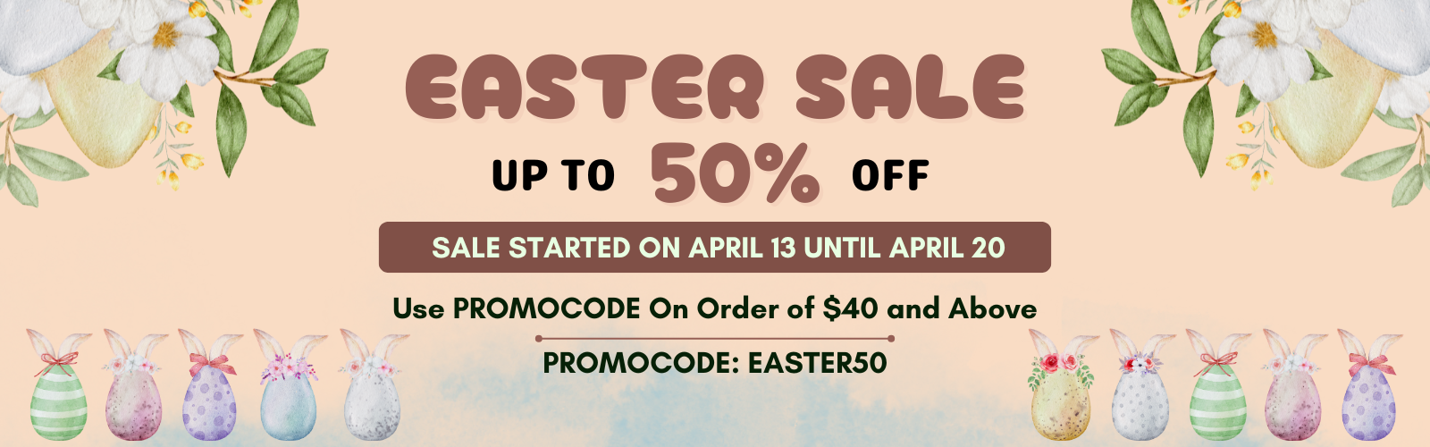 An eye-catching Easter-themed banner showcasing colorful Easter eggs, bunnies, floral patterns, and festive SVG designs. The banner highlights a limited-time 50% off sale on Easter SVG bundles at DreamSVG Craft.