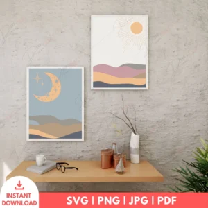 Celestial Boho Landscape Wall Art Set – Sun & Moon Prints