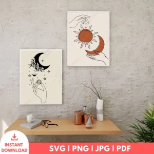 Mystical Boho Celestial Hand Art Set – Moon & Sun Prints