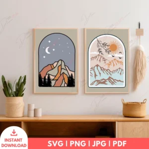 Celestial Boho Arch Wall Art Set – Moon & Mountain Prints