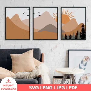 Mountain Landscape Boho Wall Art Set – Sunset Digital Prints