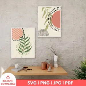 Modern Boho Leaf Line Art Set – Geometric Digital Prints
