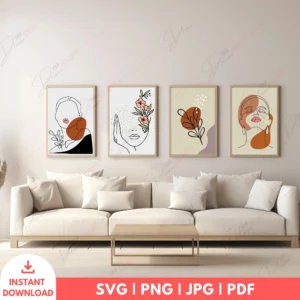 Feminine Boho Portrait Botanical Art Set – Line Art Prints