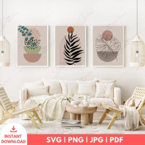 Abstract Boho Leaf Pattern Wall Art Set – Digital Prints