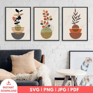 Modern Boho Vase Botanical Wall Art Set – Striped Digital Prints