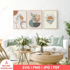 Feminine Boho Portrait Sun Wall Art Set – Line Art Prints