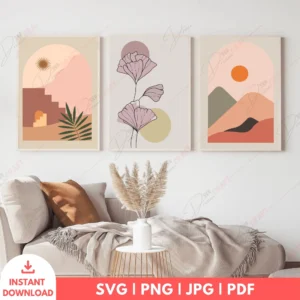Architectural Boho Floral Wall Art Set – Modern Digital Prints