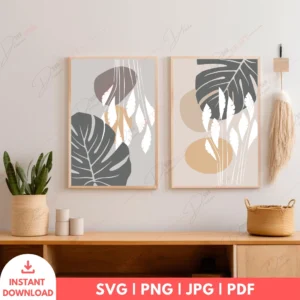 Modern Boho Monstera Hanging Art Set – Abstract Digital Prints