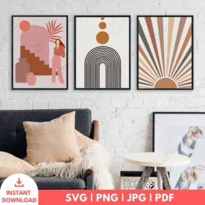 Modern Boho Rainbow Sunburst Wall Art Set – 3 Digital Prints