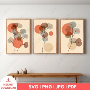 Abstract Boho Botanical Circle Wall Art Set – 3 Digital Prints