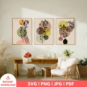 Modern Boho Vase Botanical Wall Art Set – 3 Digital Prints