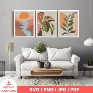Boho Sunset Landscape Botanical Wall Art Set – 3 Digital Prints