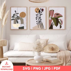 Modern Boho Botanical Geometric Wall Art Set – 3 Digital Prints