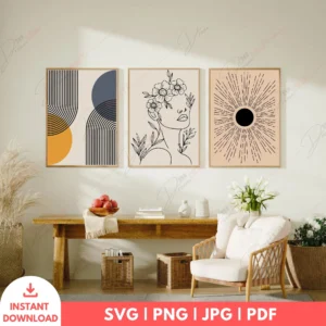 Modern Boho Geometric Sunburst Wall Art Set – 3 Digital Prints