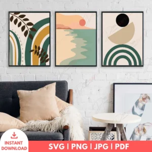 Coastal Boho Rainbow Landscape Wall Art Set – 3 Digital Prints