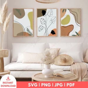 Abstract Boho Botanical Flow Wall Art Set – 3 Digital Prints