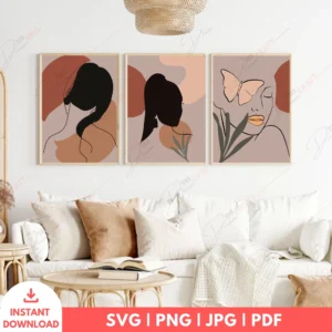 Feminine Boho Portrait Line Art Wall Set – 3 Digital Prints
