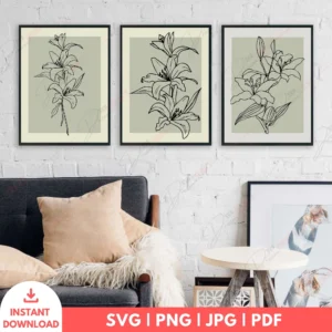 Elegant Lily Floral Line Art Wall Set – 3 Digital Prints