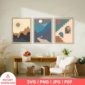 Desert Boho Landscape Mountain Wall Art Set – 3 Digital Prints