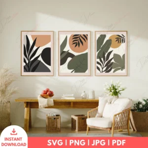 Tropical Boho Botanical Geometric Wall Art Set – 3 Digital Prints