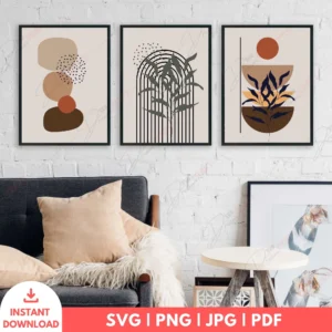 Abstract Boho Geometric Botanical Wall Art Set – 3 Digital Prints