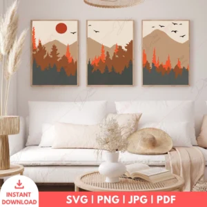 Autumn Forest Landscape Wall Art Set – 3 Boho Digital Prints
