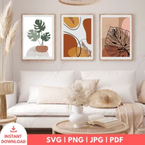 Tropical Boho Monstera Abstract Wall Art Set – 3 Digital Prints