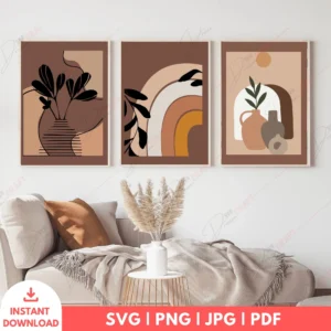 Earthy Boho Vase Rainbow Wall Art Set – 3 Warm Digital Prints