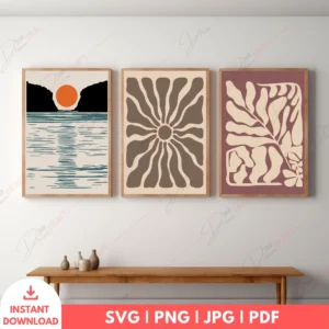 Coastal Boho Sunset Organic Wall Art Set – 3 Digital Prints