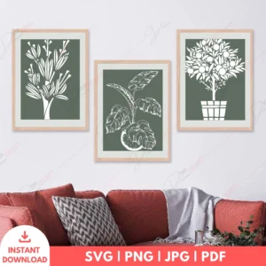 Sage Green Botanical Line Art Wall Set – 3 Digital Prints