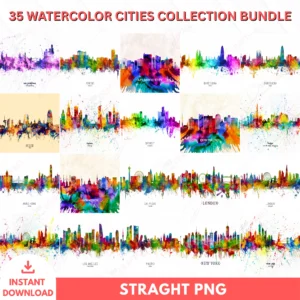 35 Watercolor City Skyline Bundle – PNG Digital Collection