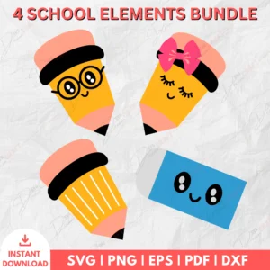 4 School Elements Bundle – Cute Pencil & Eraser PNG Se