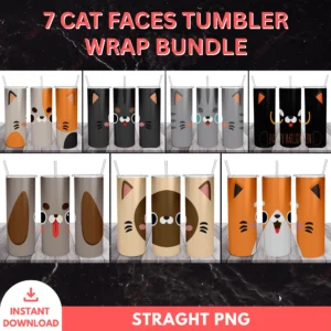 7 Cat Faces Tumbler Wrap Bundle – Cute PNG Designs for 20oz